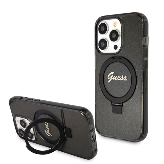Futrola MagSafe za Apple iPhone 15 Pro Max, Guess, IML Ring Stand Glitter, Crna