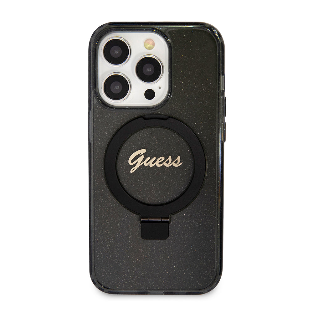 Futrola MagSafe za Apple iPhone 15 Pro Max, Guess, IML Ring Stand Glitter, Crna