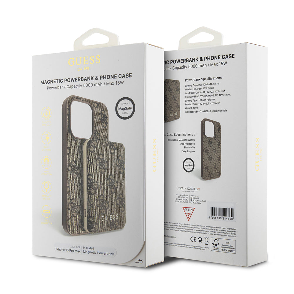 Husa MagSafe za Apple iPhone 15 Pro Max, Guess, Powerbank 4G Metal Logo, Smeđa