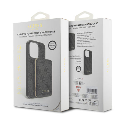 MagSafe futrola za Apple iPhone 15 Pro Max, Guess, Powerbank 4G Metal Logo, Crna