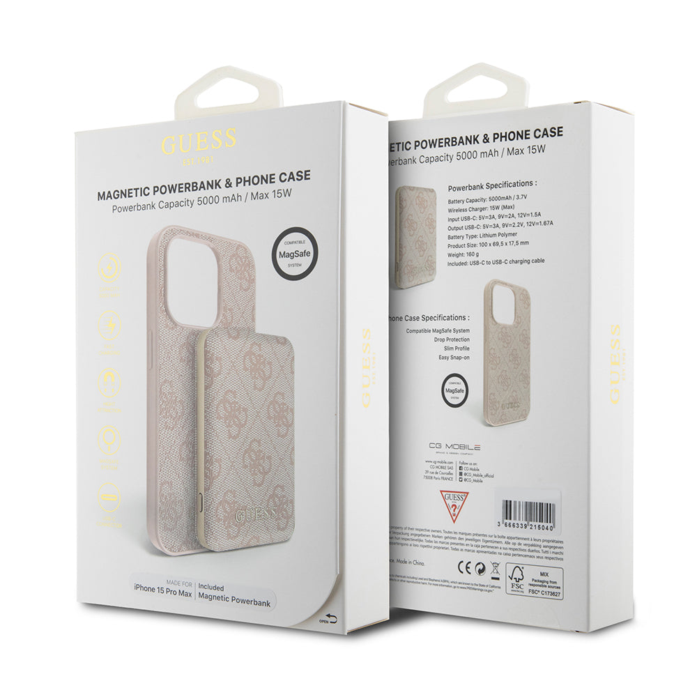 MagSafe futrola za Apple iPhone 15 Pro Max, Guess, Powerbank 4G Metal Logo, Roza