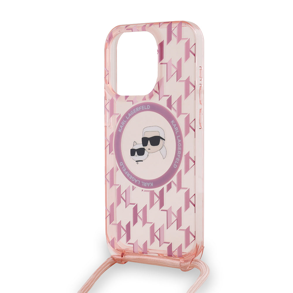 Futrola MagSafe za Apple iPhone 15 Pro Max, Karl Lagerfeld, IML Crossbody Monogram Karl & Choupette's Heads, Roza