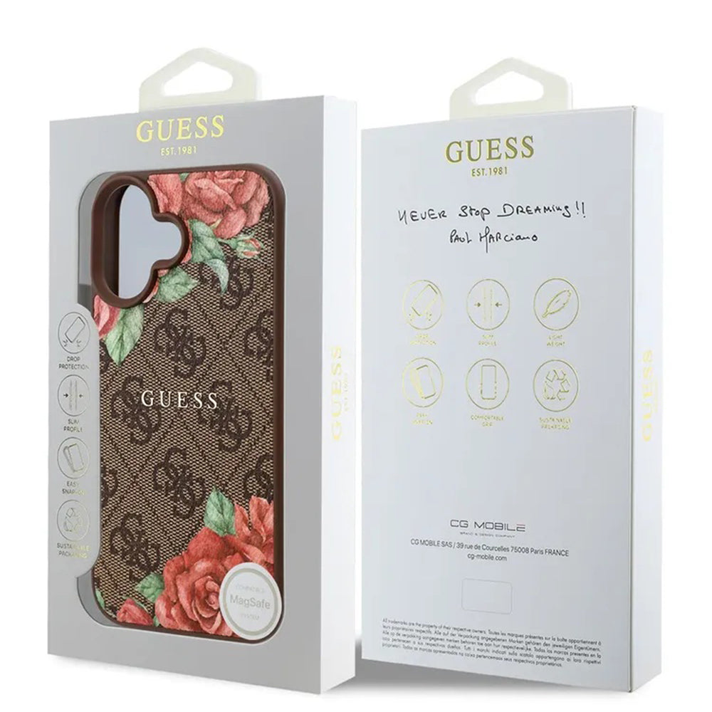 MagSafe futrola za Apple iPhone 16, Guess, 4G Flowers Print, smeđa