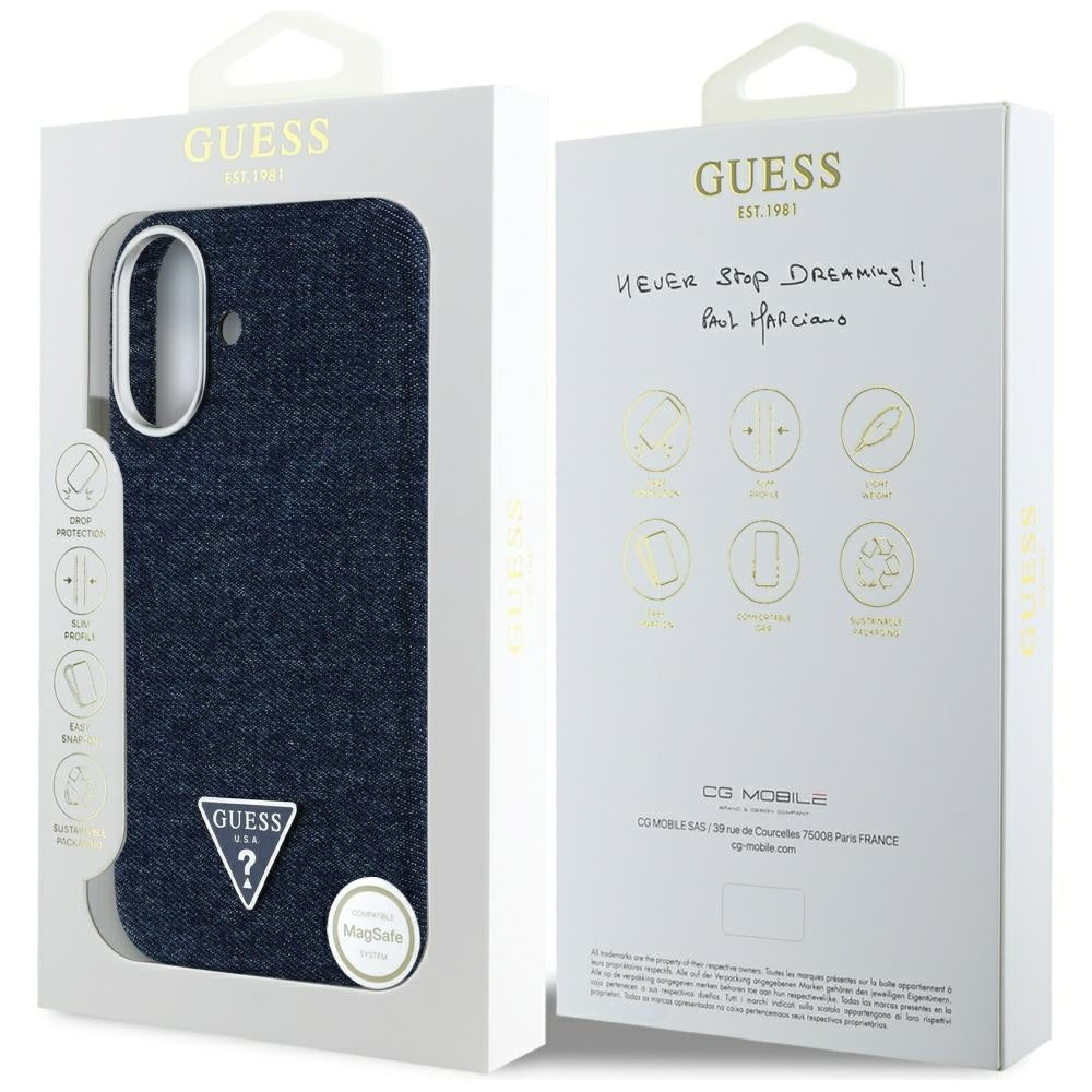 MagSafe torbica za Apple iPhone 16, Guess, Denim Triangle Logo, Plava