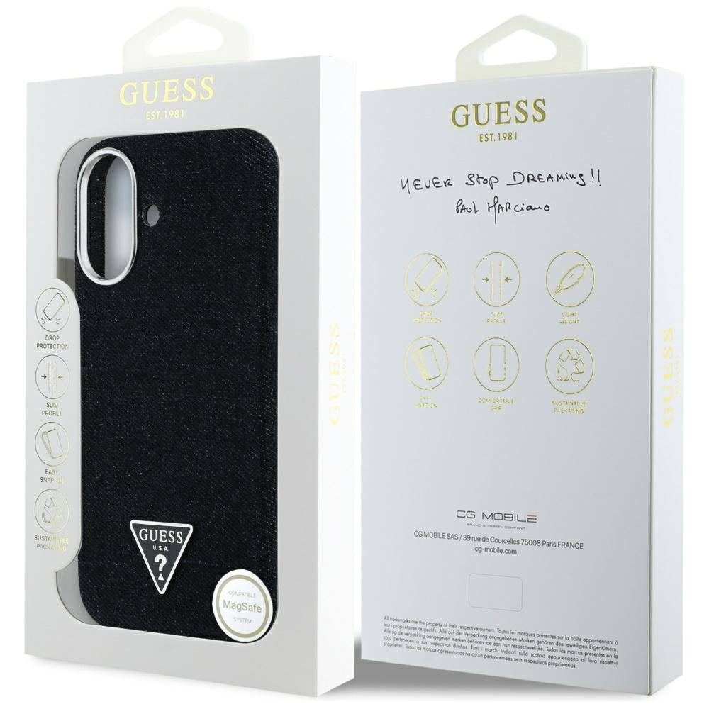 MagSafe torbica za Apple iPhone 16, Guess, Denim Triangle Logo, Crna