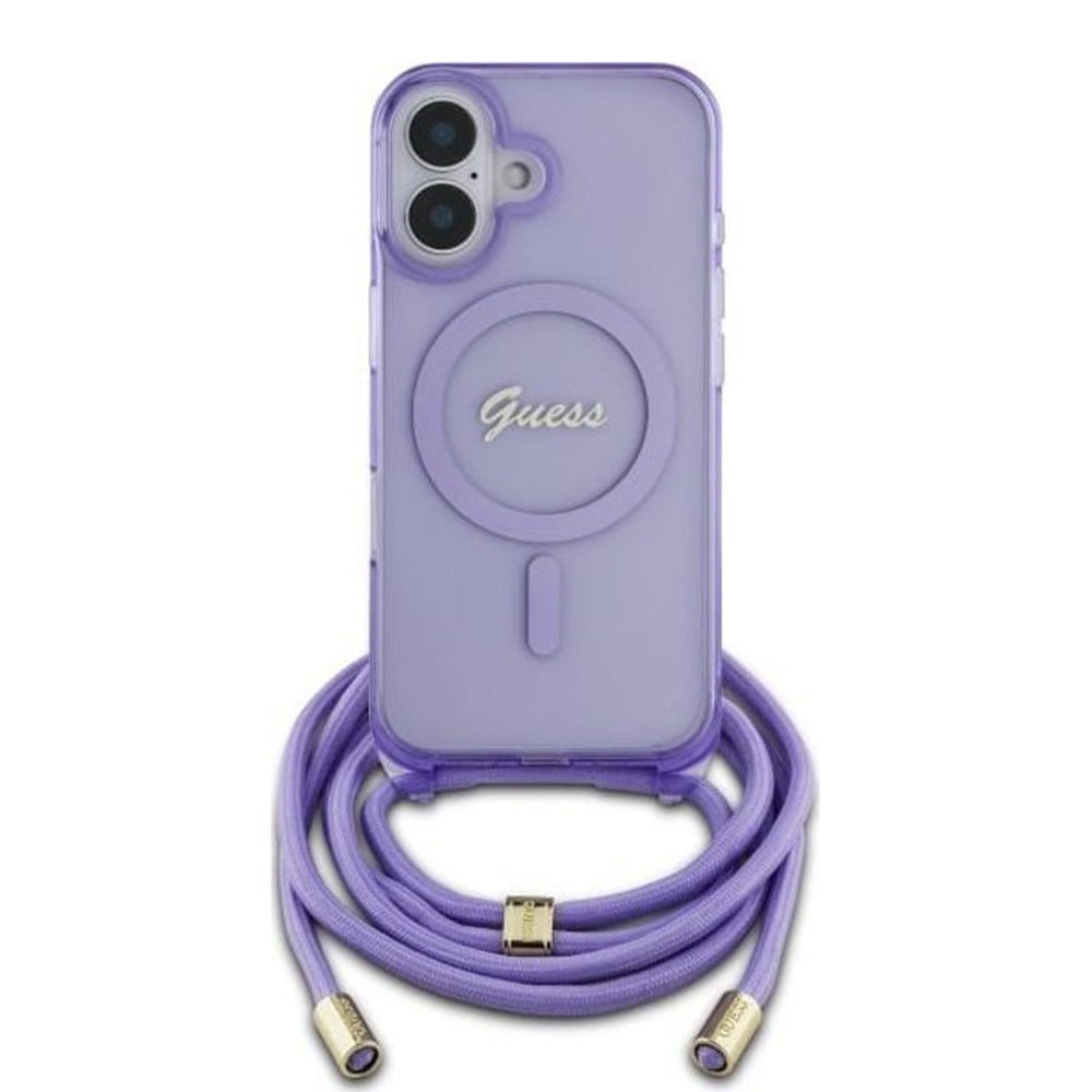 Futrola MagSafe za Apple iPhone 16, Guess, IML Crossbody Cord Script, Ljubičasta