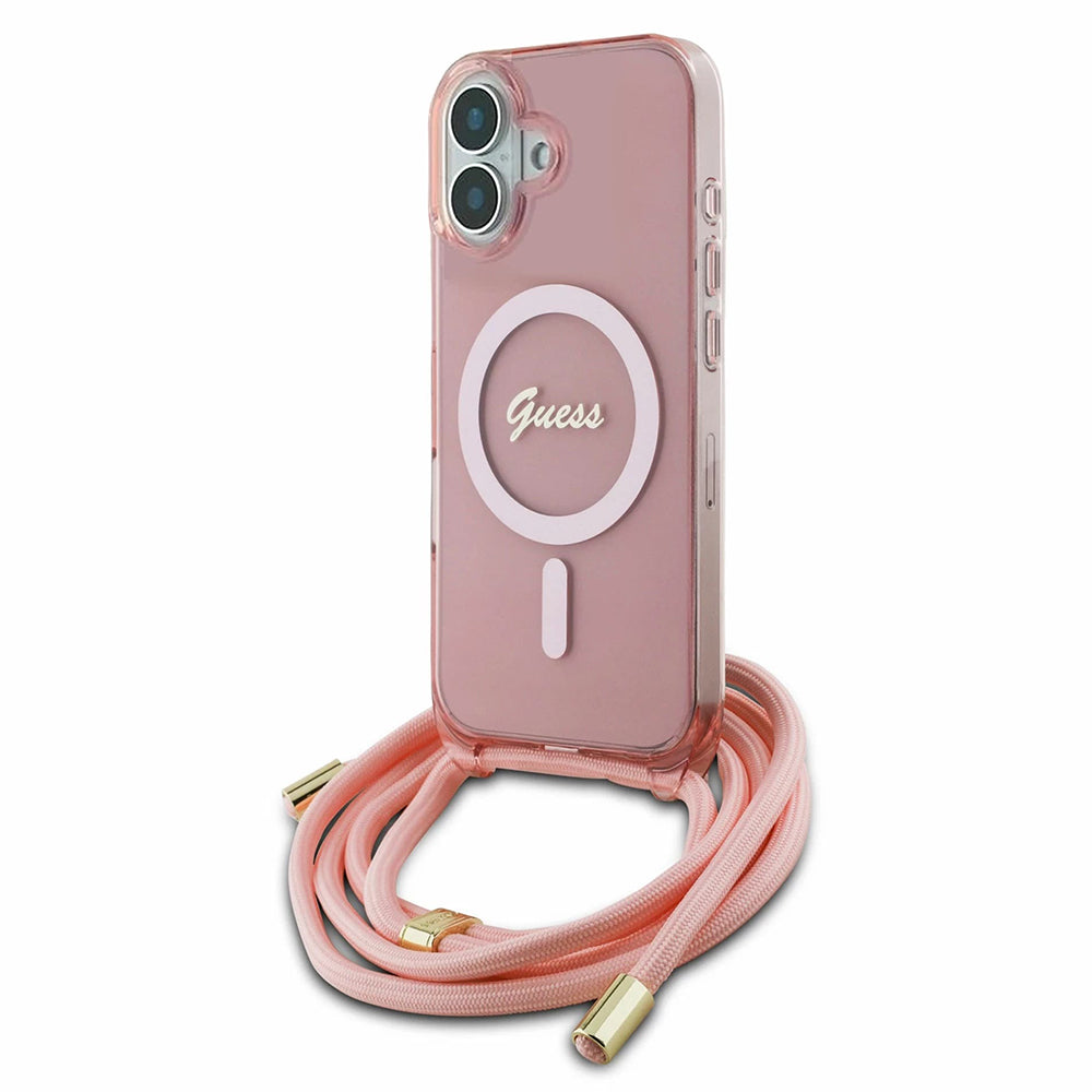 MagSafe torbica za Apple iPhone 16, Guess, IML Crossbody Cord Script, Roza