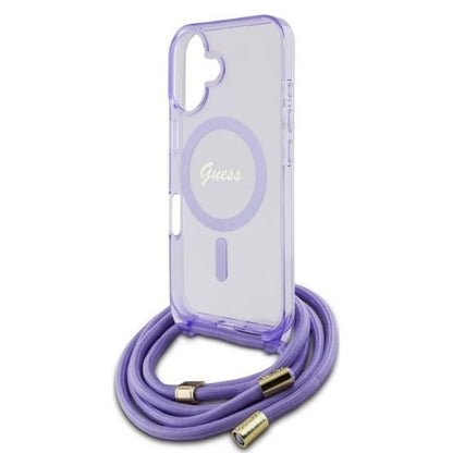 MagSafe torbica za Apple iPhone 16, Guess, IML Crossbody Cord Script, Roza