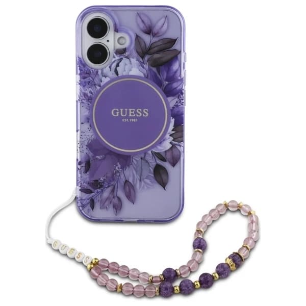 Husa MagSafe za Apple iPhone 16, Guess, IML Flowers with Pearl Strap, Ljubičasta