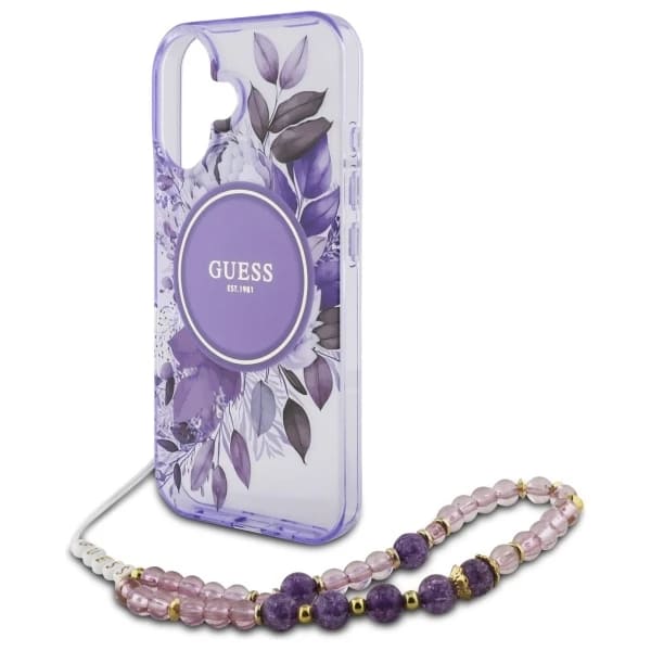 Husa MagSafe za Apple iPhone 16, Guess, IML Flowers with Pearl Strap, Ljubičasta