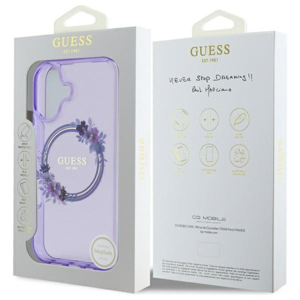 MagSafe torbica za Apple iPhone 16, Guess, IML Flowers Wreath, Ljubičasta