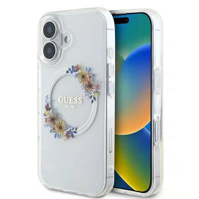 MagSafe futrola za Apple iPhone 16, Guess, IML Flowers Wreath, Prozirna