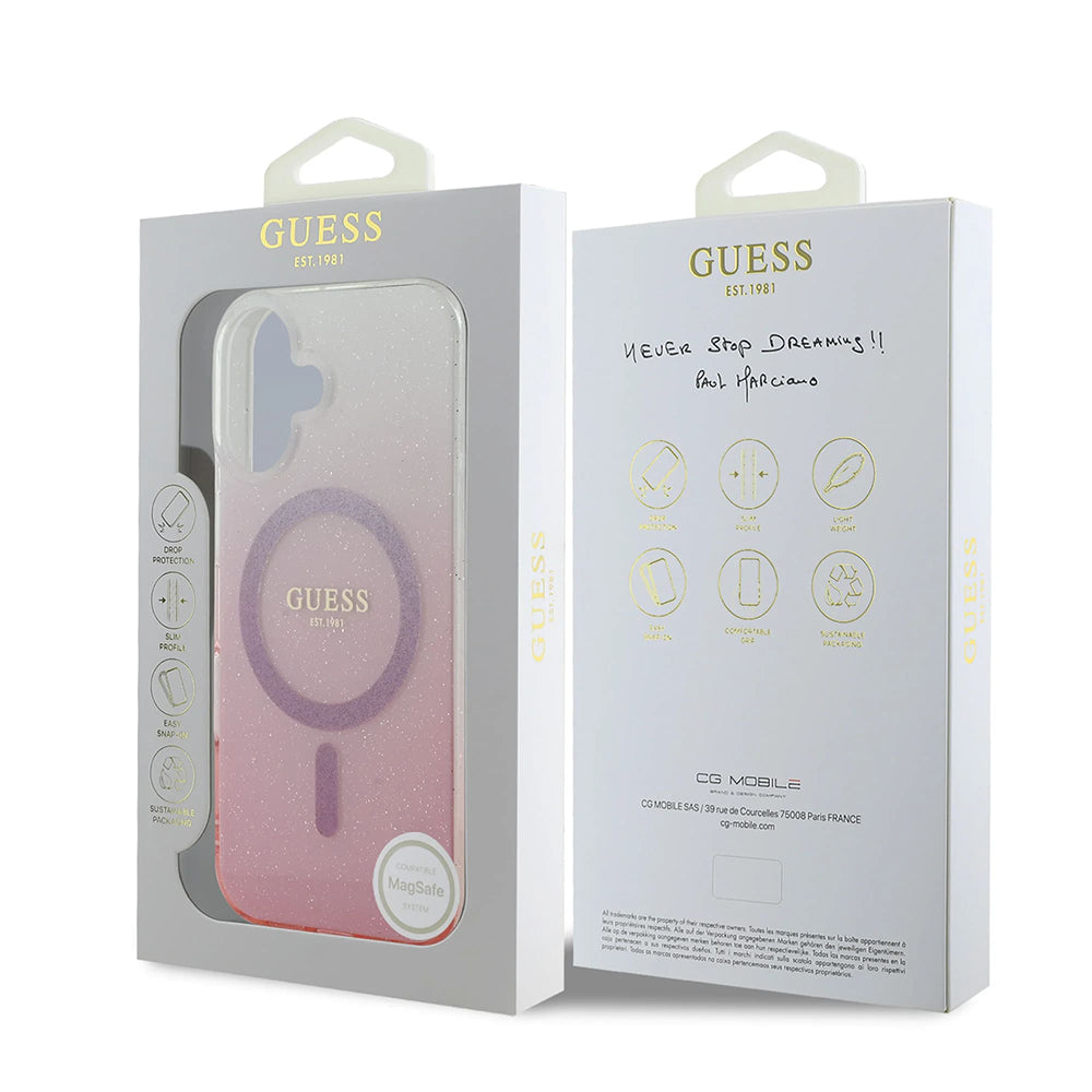 Futrola MagSafe za Apple iPhone 16, Guess, IML Glitter Gradient, Roza