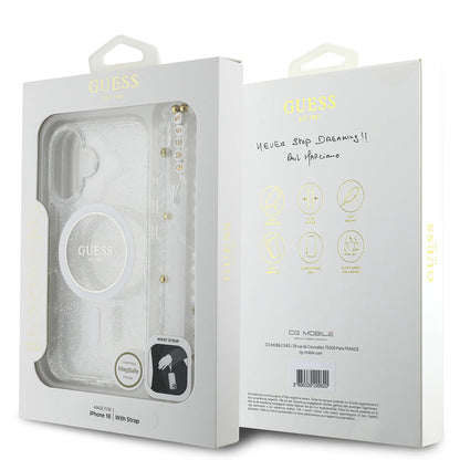 MagSafe torbica za Apple iPhone 16, Guess, IML Glitter s perlama, Prozirna