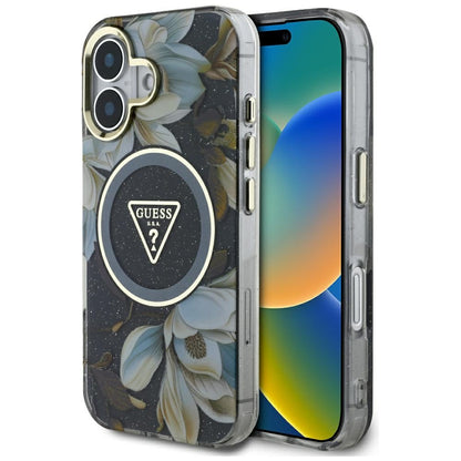 Futrola MagSafe za Apple iPhone 16, Guess, IML Metal Glitter Flowers Triangle, Crna