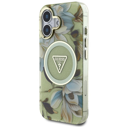 MagSafe futrola za Apple iPhone 16, Guess, IML Metal Glitter Flowers Triangle, Zelena