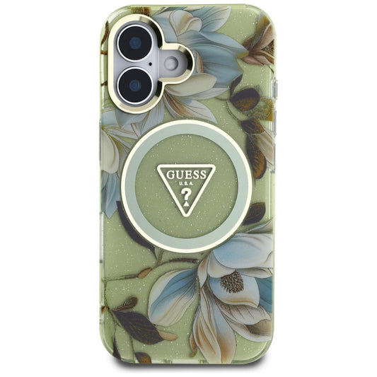 MagSafe futrola za Apple iPhone 16, Guess, IML Metal Glitter Flowers Triangle, Zelena
