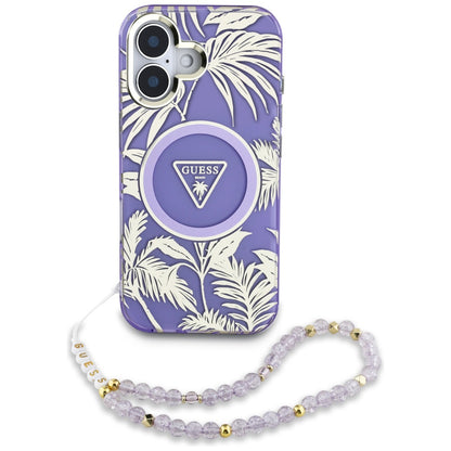 MagSafe torbica za Apple iPhone 16, Guess, IML Palm Trees Triangle with Pearl Strap, Ljubičasta