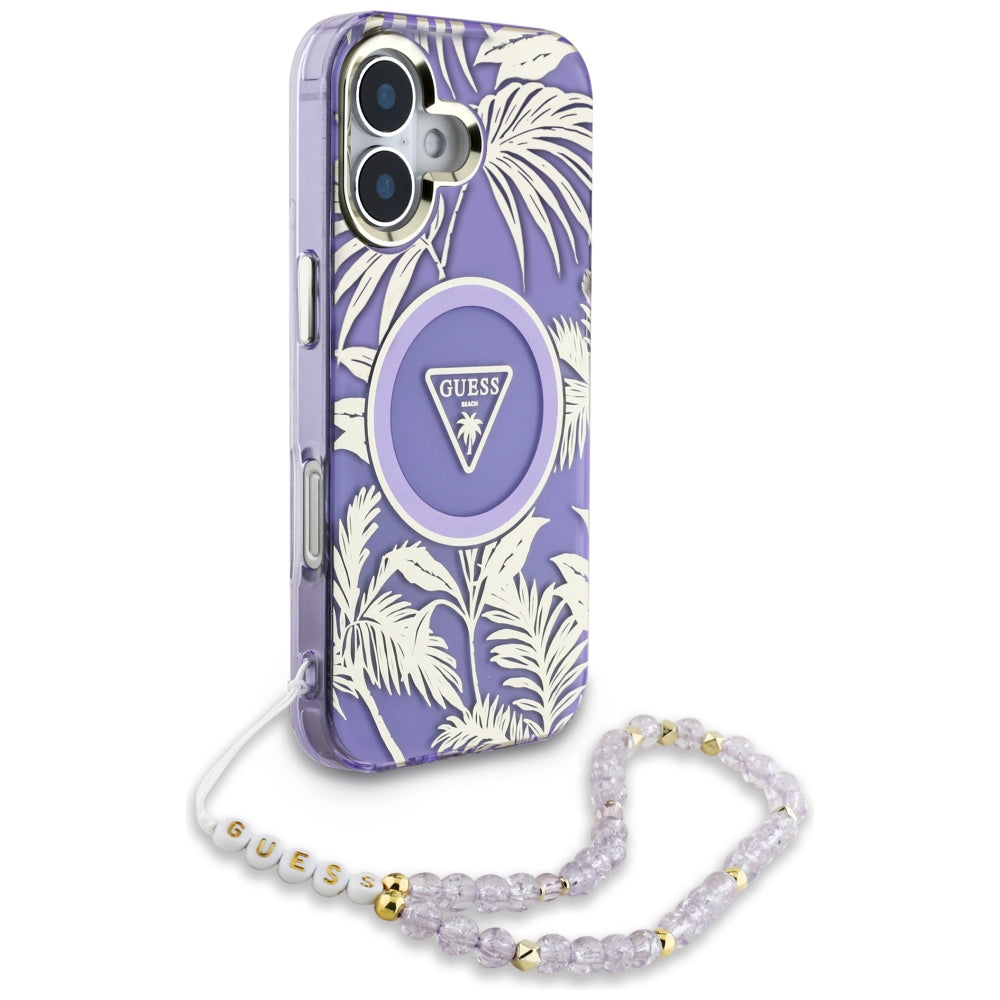 MagSafe torbica za Apple iPhone 16, Guess, IML Palm Trees Triangle with Pearl Strap, Ljubičasta