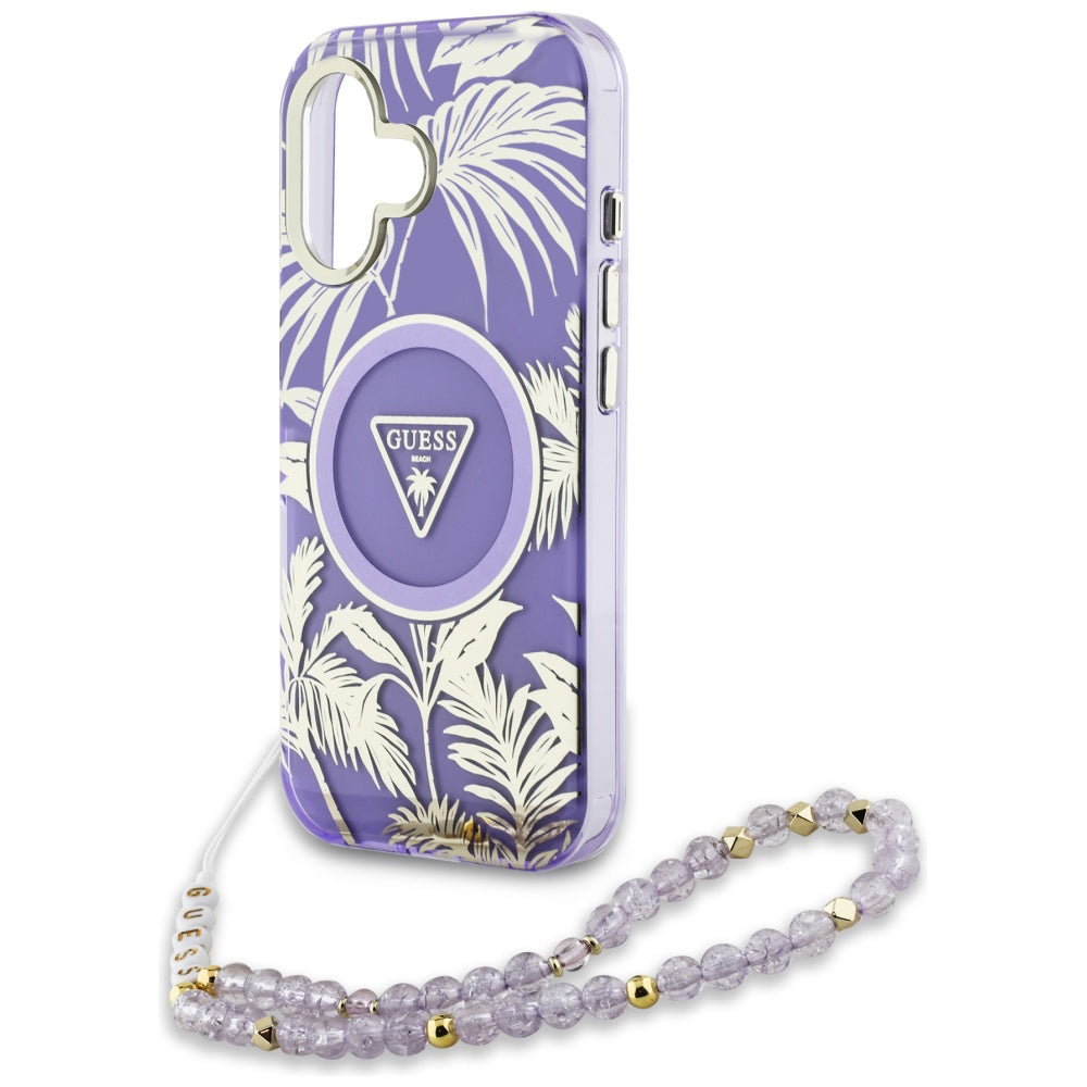 MagSafe torbica za Apple iPhone 16, Guess, IML Palm Trees Triangle with Pearl Strap, Ljubičasta