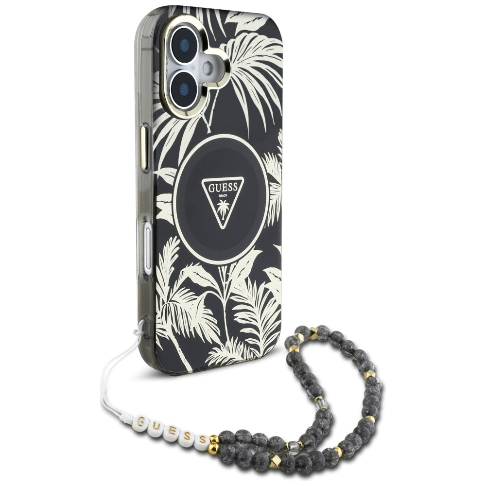 MagSafe futrola za Apple iPhone 16, Guess, IML Palm Trees Triangle with Pearl Strap, Crna