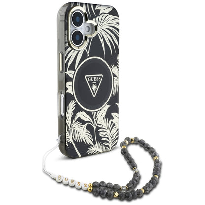 MagSafe futrola za Apple iPhone 16, Guess, IML Palm Trees Triangle with Pearl Strap, Crna