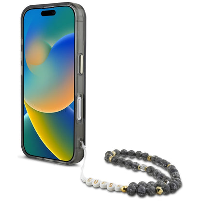 MagSafe futrola za Apple iPhone 16, Guess, IML Palm Trees Triangle with Pearl Strap, Crna