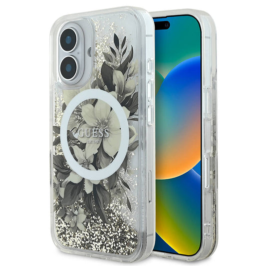 Futrola MagSafe za Apple iPhone 16, Guess, Liquid Glitter Flower, Bež