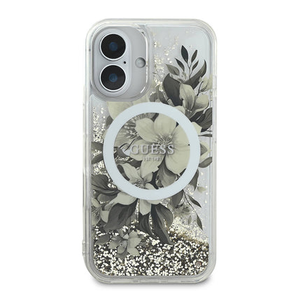 Futrola MagSafe za Apple iPhone 16, Guess, Liquid Glitter Flower, Bež