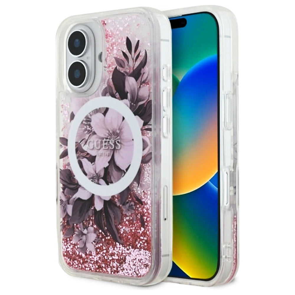 MagSafe torbica za Apple iPhone 16, Guess, Liquid Glitter Flower, Roza