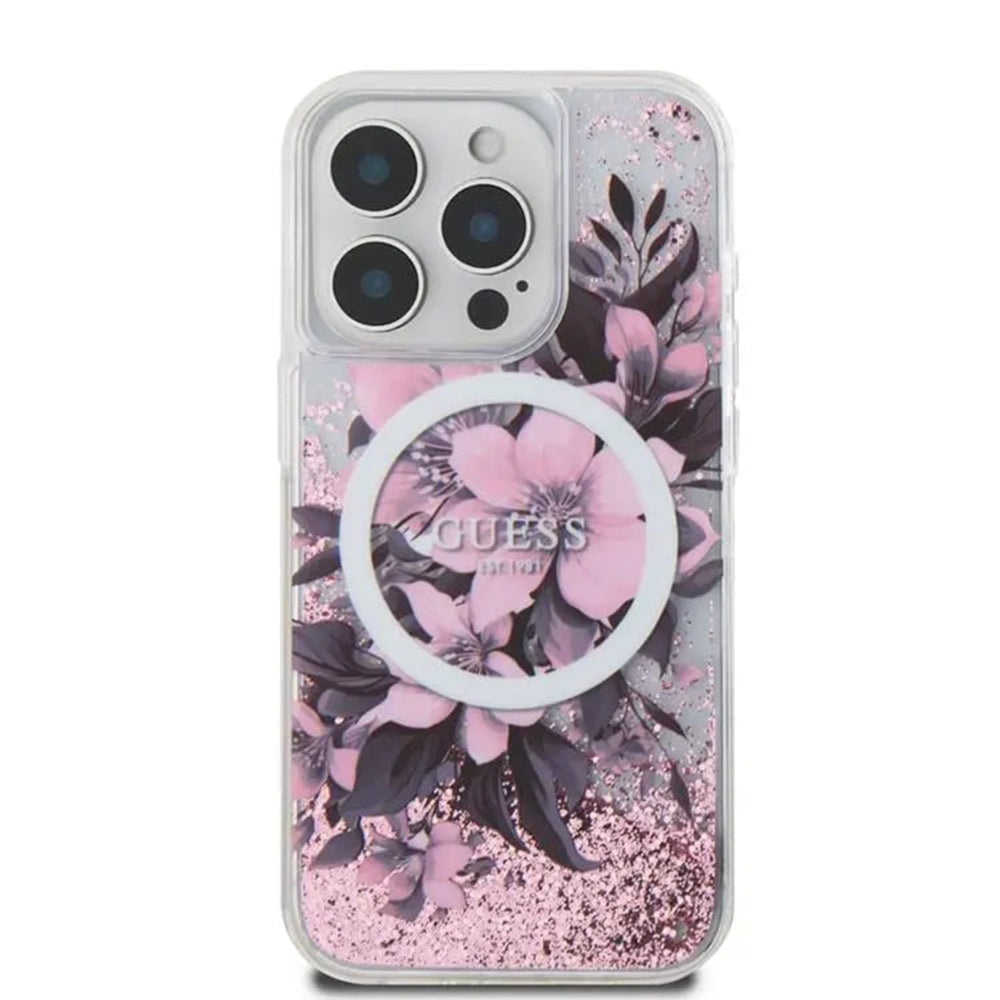 MagSafe torbica za Apple iPhone 16, Guess, Liquid Glitter Flower, Roza