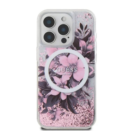 MagSafe torbica za Apple iPhone 16, Guess, Liquid Glitter Flower, Roza