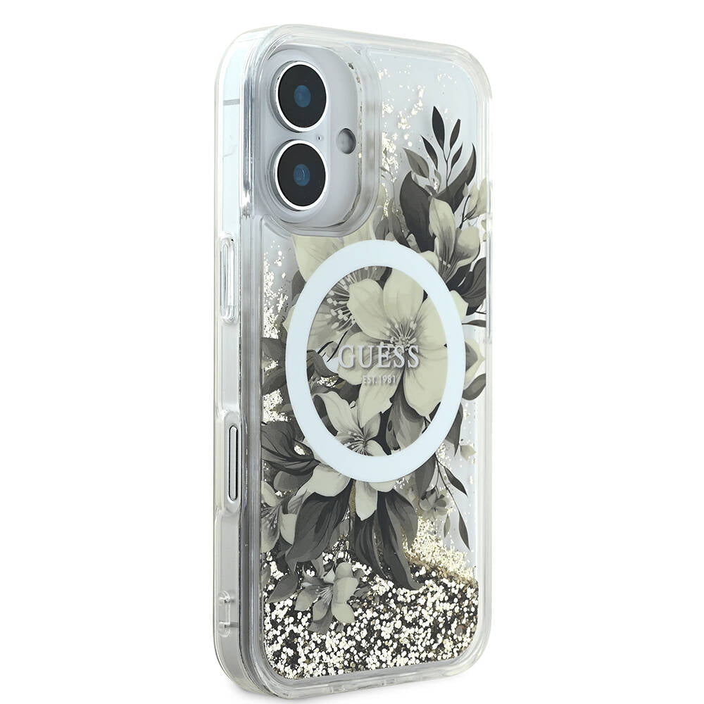 MagSafe torbica za Apple iPhone 16, Guess, Liquid Glitter Flower, Roza