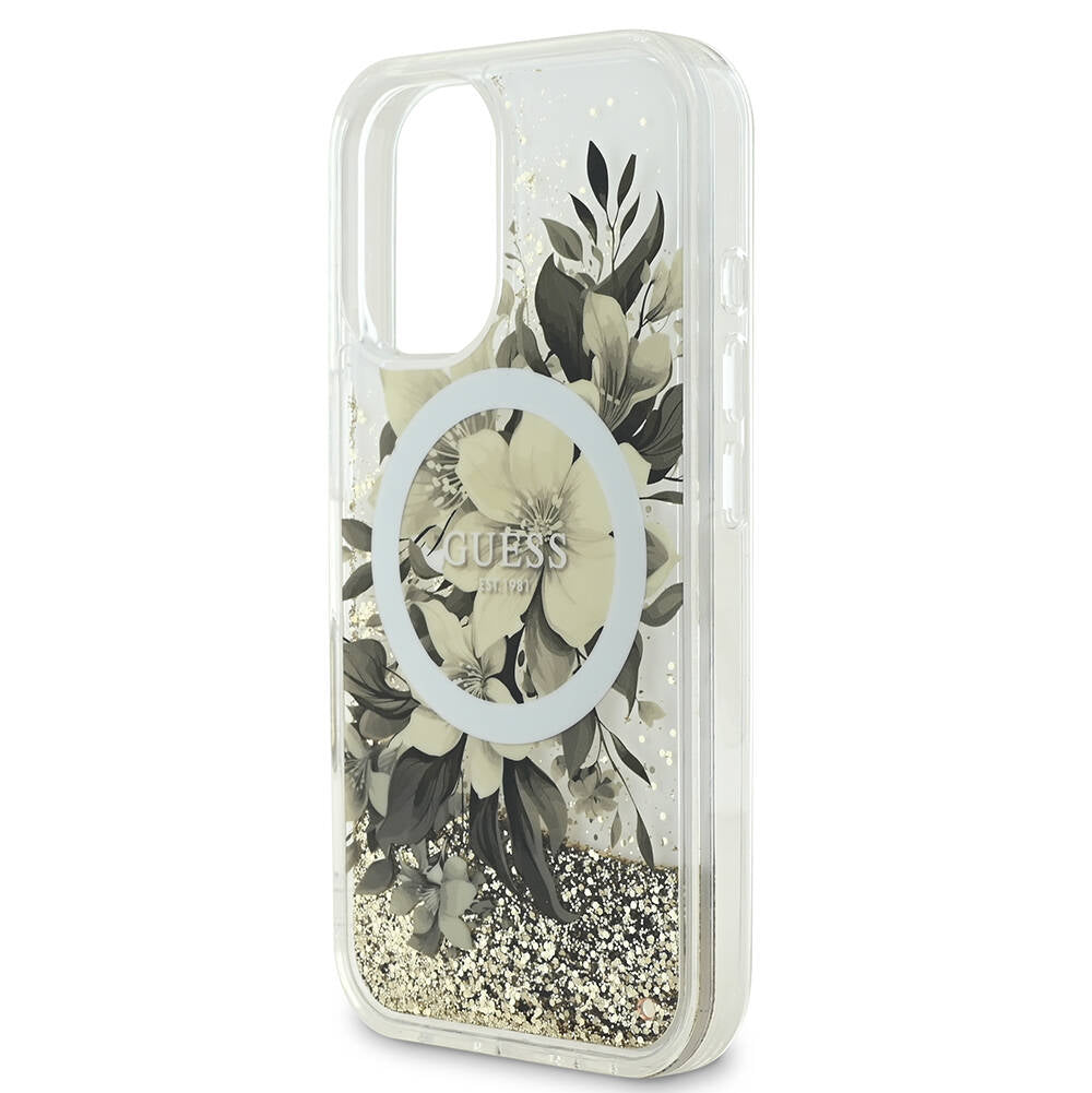 MagSafe torbica za Apple iPhone 16, Guess, Liquid Glitter Flower, Roza