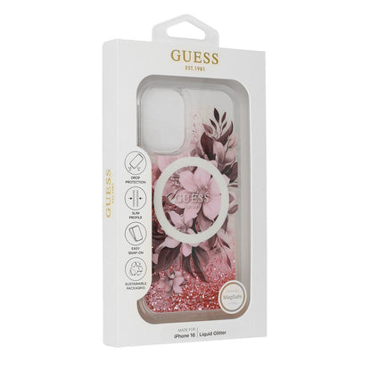 MagSafe torbica za Apple iPhone 16, Guess, Liquid Glitter Flower, Roza