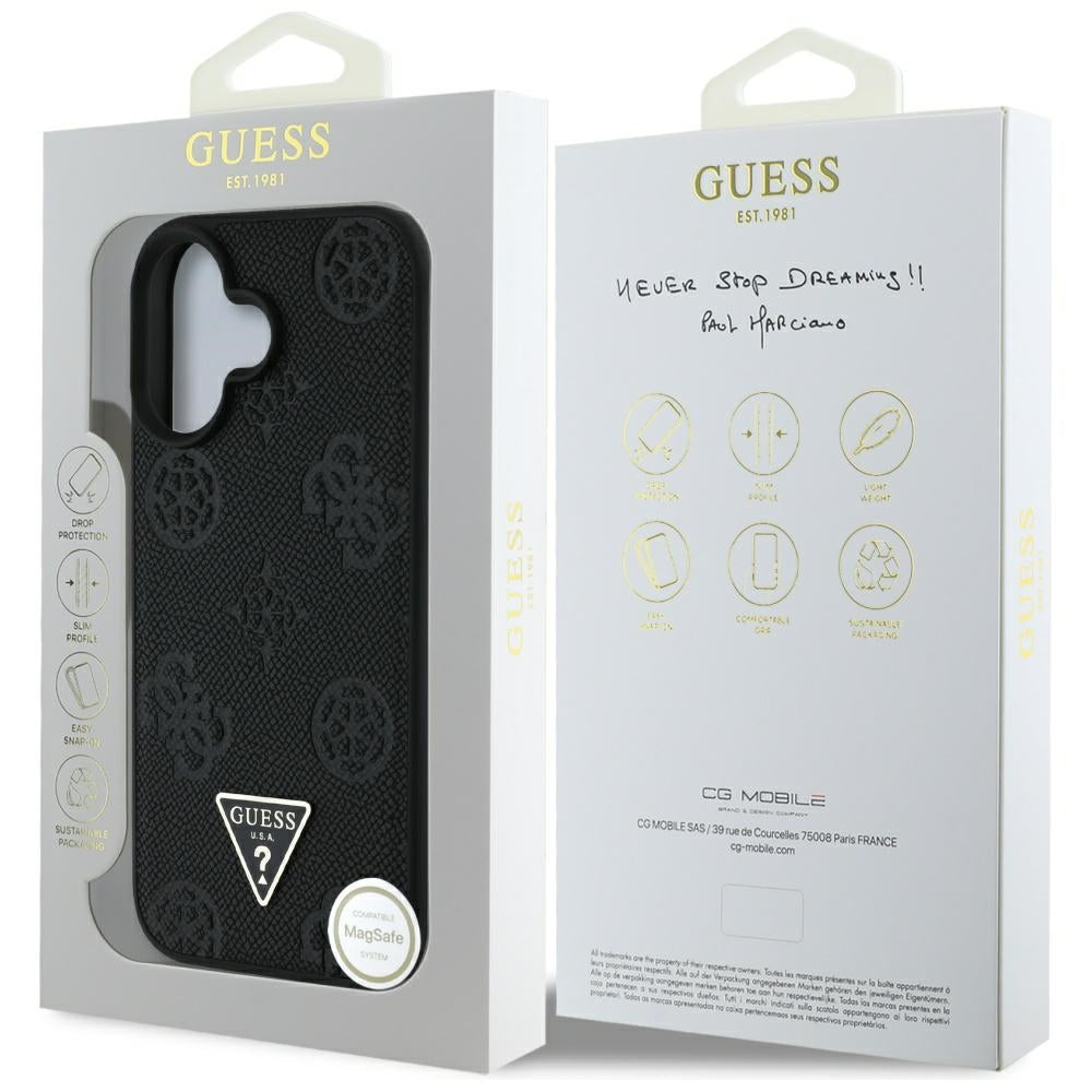 MagSafe futrola za Apple iPhone 16, Guess, Peony Grained Hot Stamp Triangle, Crna