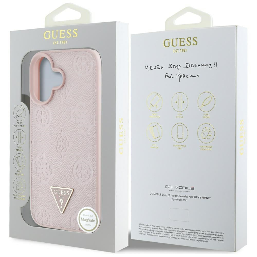 MagSafe futrola za Apple iPhone 16, Guess, Peony Grained Hot Stamp Triangle, Roza