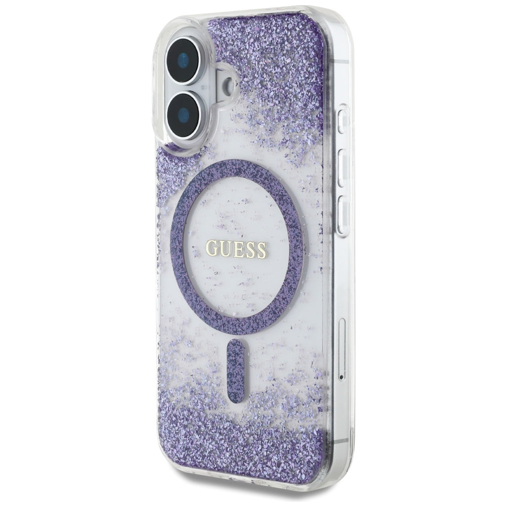 Husa MagSafe za Apple iPhone 16, Guess, Resin Bottom Glitter, Ljubičasta