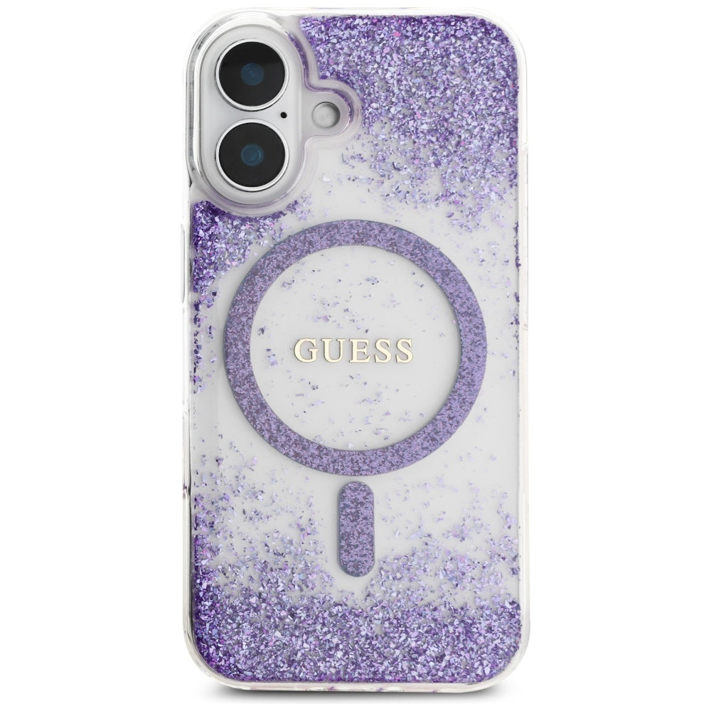 Husa MagSafe za Apple iPhone 16, Guess, Resin Bottom Glitter, Ljubičasta
