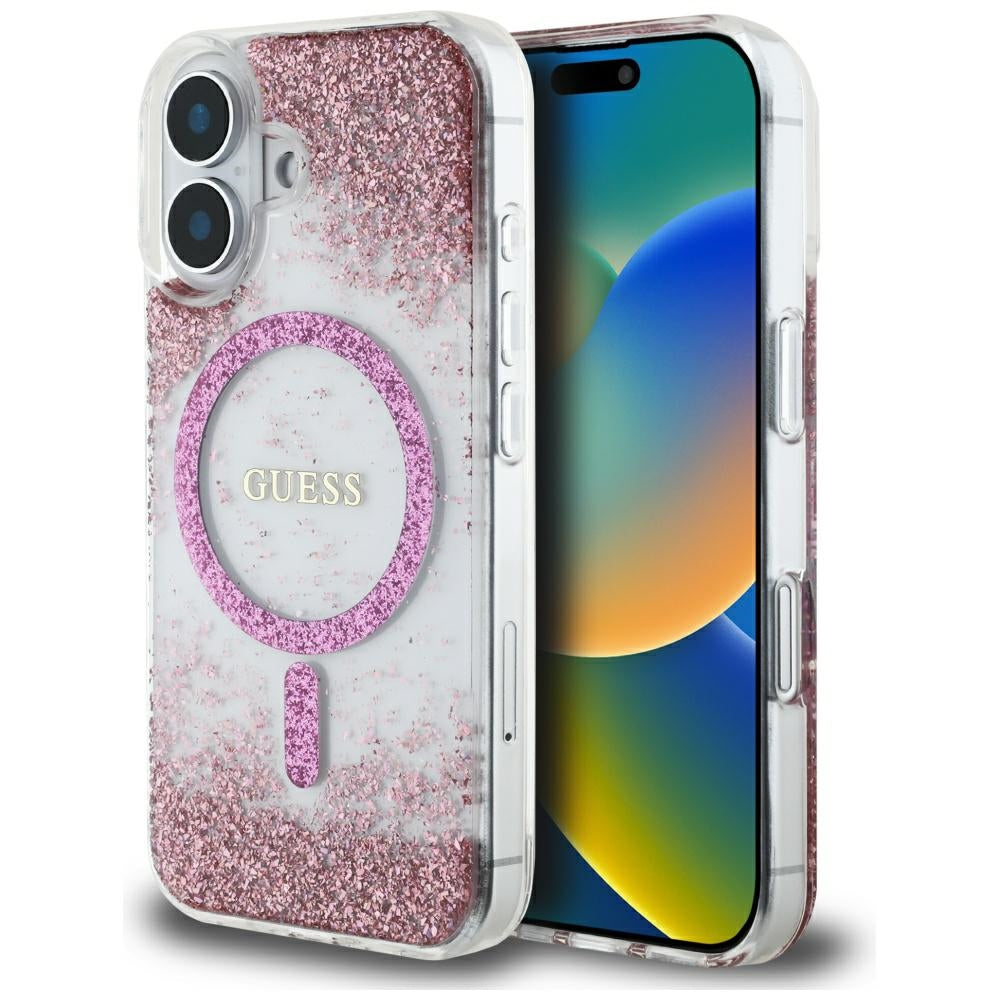 Futrola MagSafe za Apple iPhone 16, Guess, Resin Bottom Glitter, Roza
