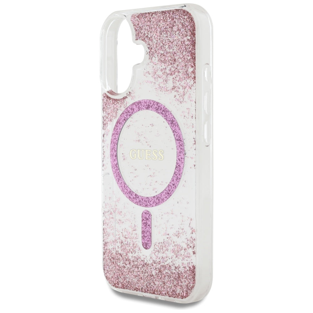 Futrola MagSafe za Apple iPhone 16, Guess, Resin Bottom Glitter, Roza