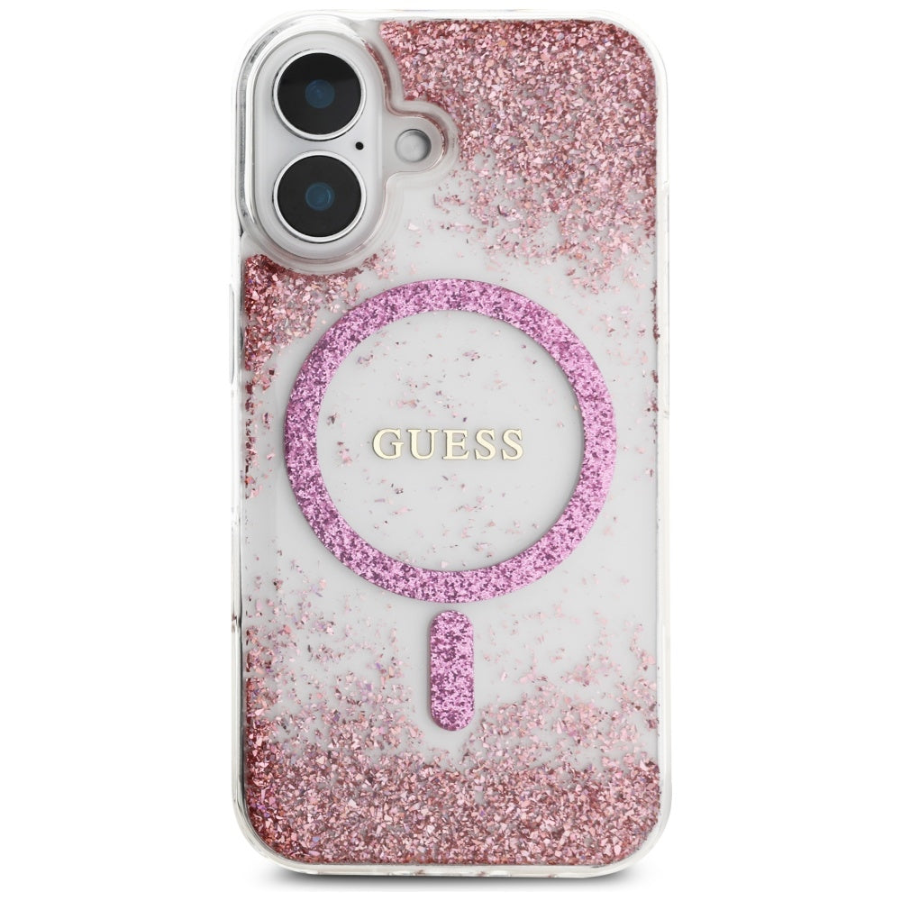 Futrola MagSafe za Apple iPhone 16, Guess, Resin Bottom Glitter, Roza
