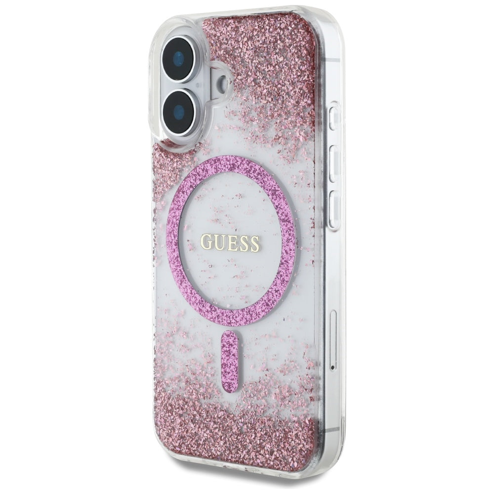 Futrola MagSafe za Apple iPhone 16, Guess, Resin Bottom Glitter, Roza