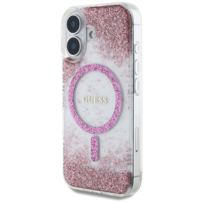 Futrola MagSafe za Apple iPhone 16, Guess, Resin Bottom Glitter, Roza