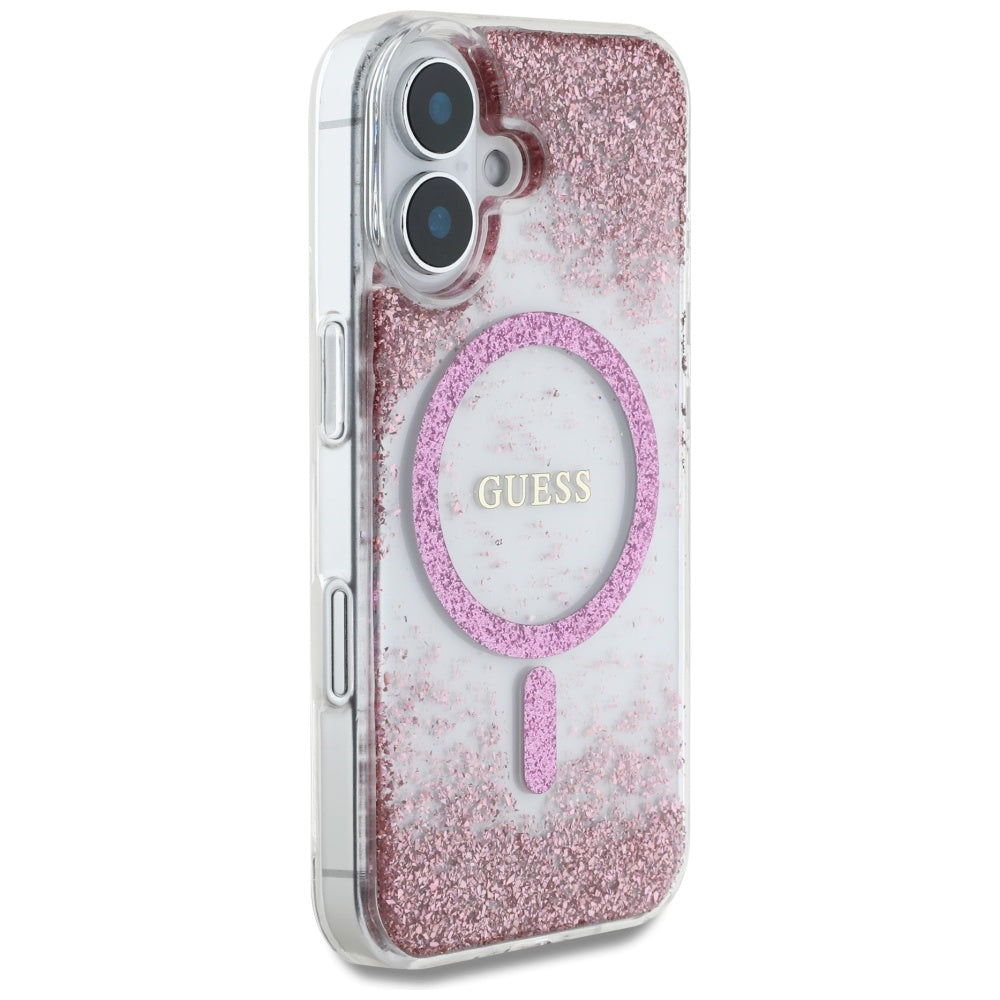 Futrola MagSafe za Apple iPhone 16, Guess, Resin Bottom Glitter, Roza