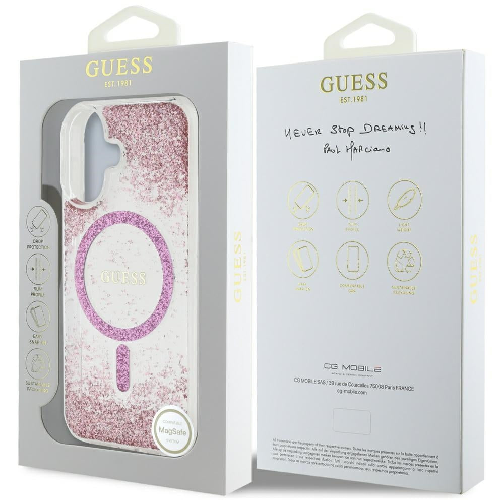 Futrola MagSafe za Apple iPhone 16, Guess, Resin Bottom Glitter, Roza