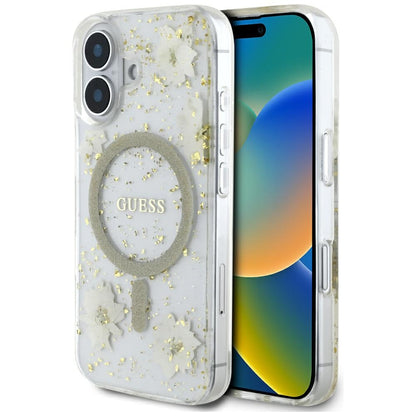 MagSafe torbica za Apple iPhone 16, Guess, Resin Flowers and Glitter, Bež