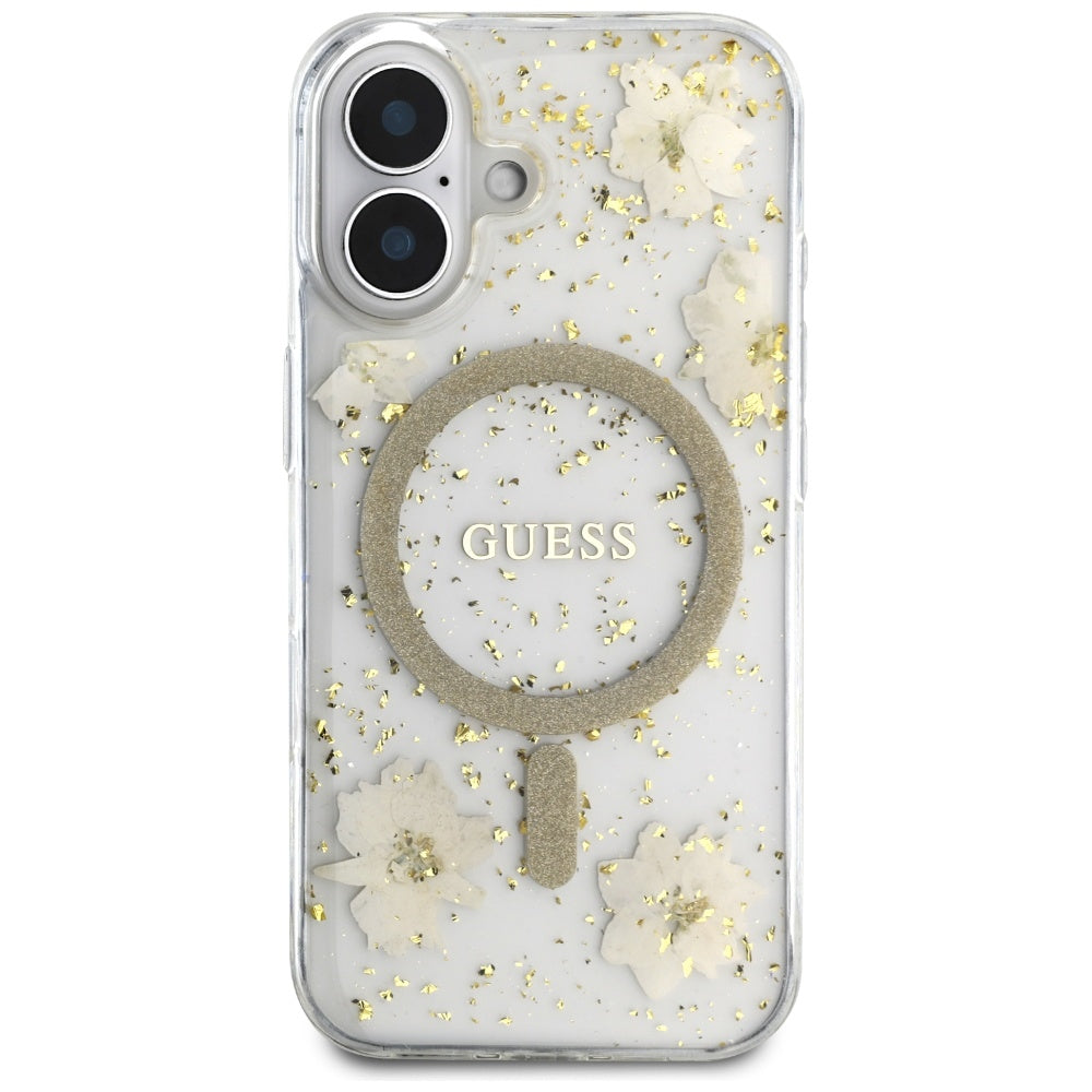 MagSafe torbica za Apple iPhone 16, Guess, Resin Flowers and Glitter, Bež