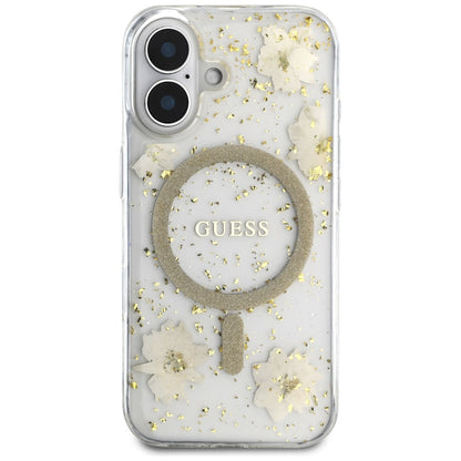 MagSafe torbica za Apple iPhone 16, Guess, Resin Flowers and Glitter, Bež