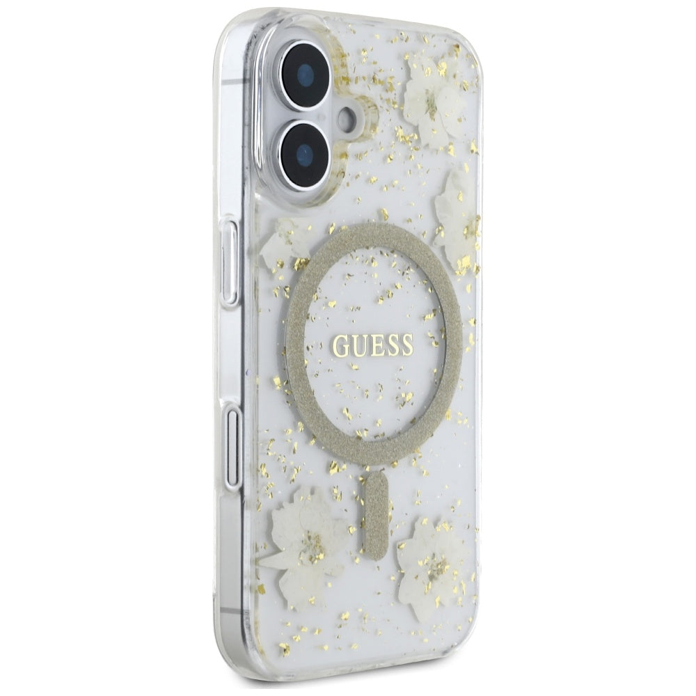 MagSafe torbica za Apple iPhone 16, Guess, Resin Flowers and Glitter, Bež